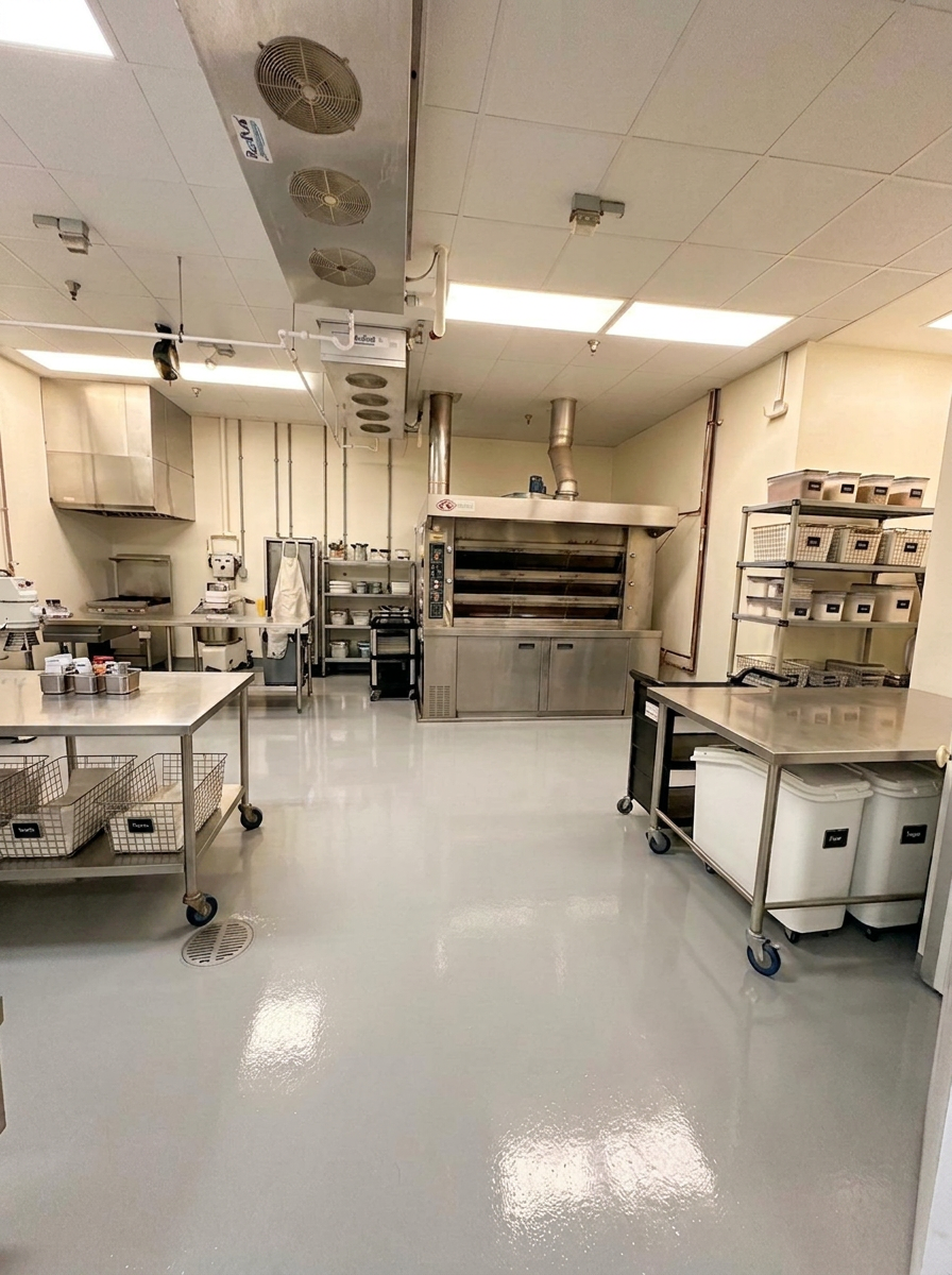 Cuisine de boulangerie certifiée avec four à soles et tables de travail en acier inoxydable