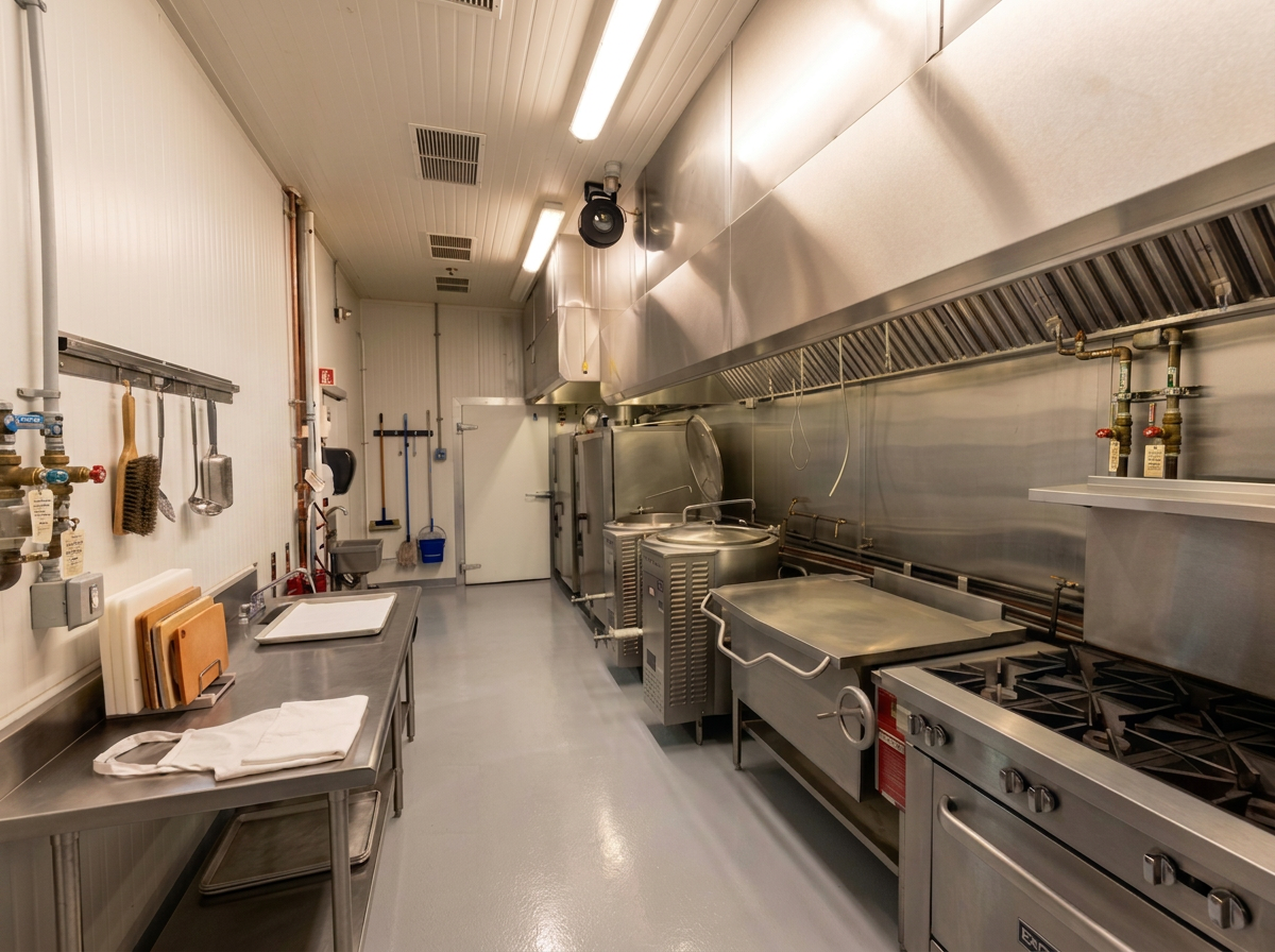 Cuisine commerciale certifiée C1 avec marmite à vapeur et cuisinière